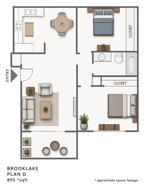 Floor plan for 2 beds, 1 bath, 895 sqft